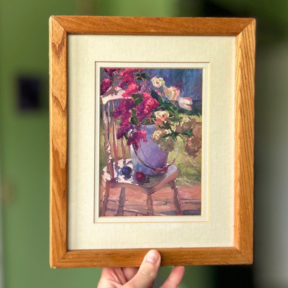 Framed VTG Charming Abstract Flowers In Bucket On Chair Wall Sign Decor